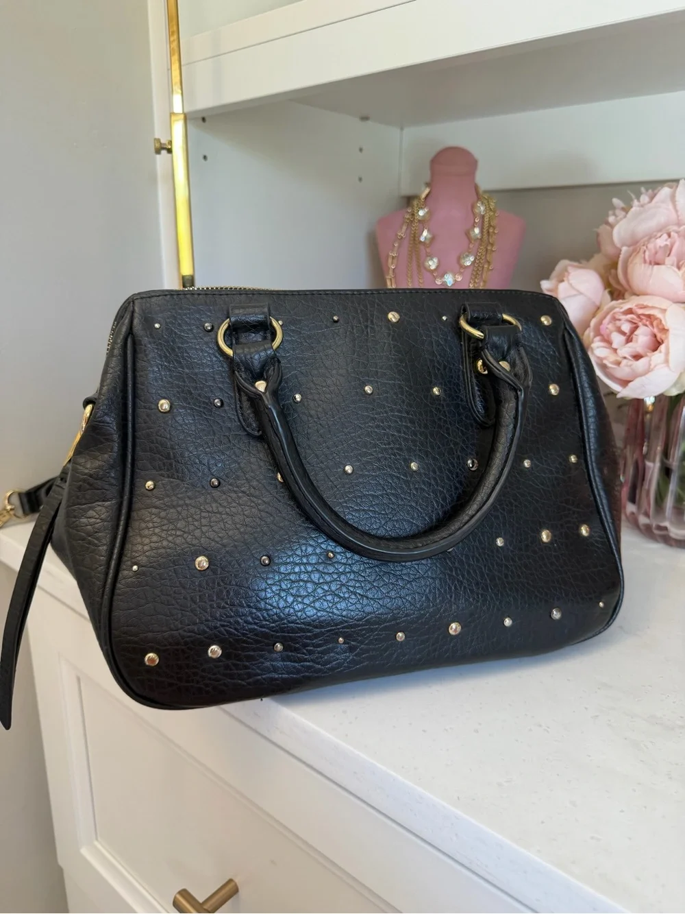 Juicy Couture EUC Black Leather Studded cross body Satchel with Gold Accents